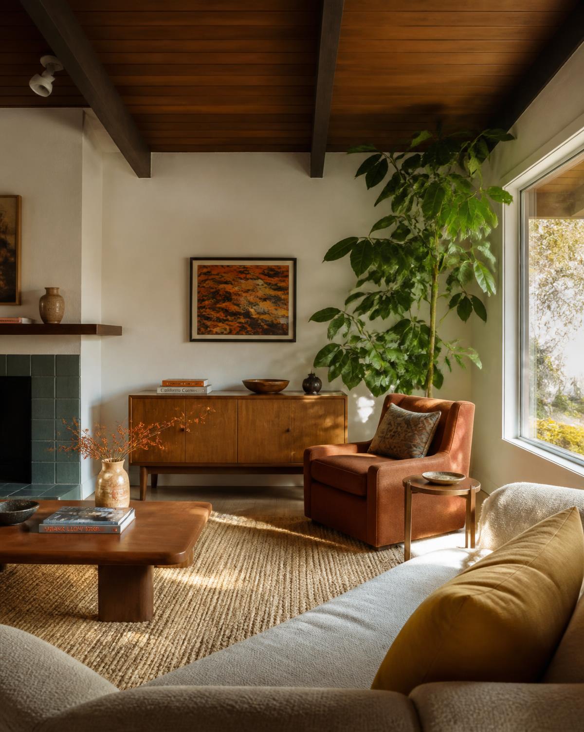 Warm mid-century Southern California living room with terracotta armchair