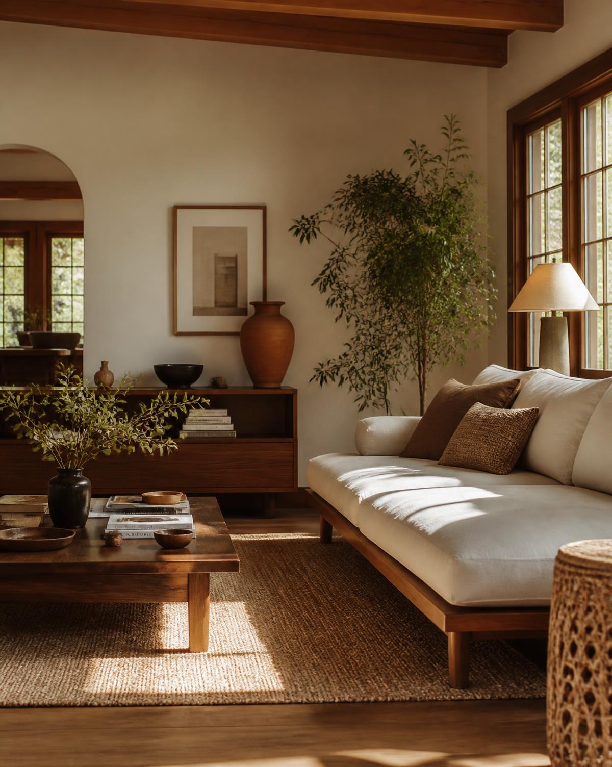 Japandi living room with walnut furniture and linen sofa