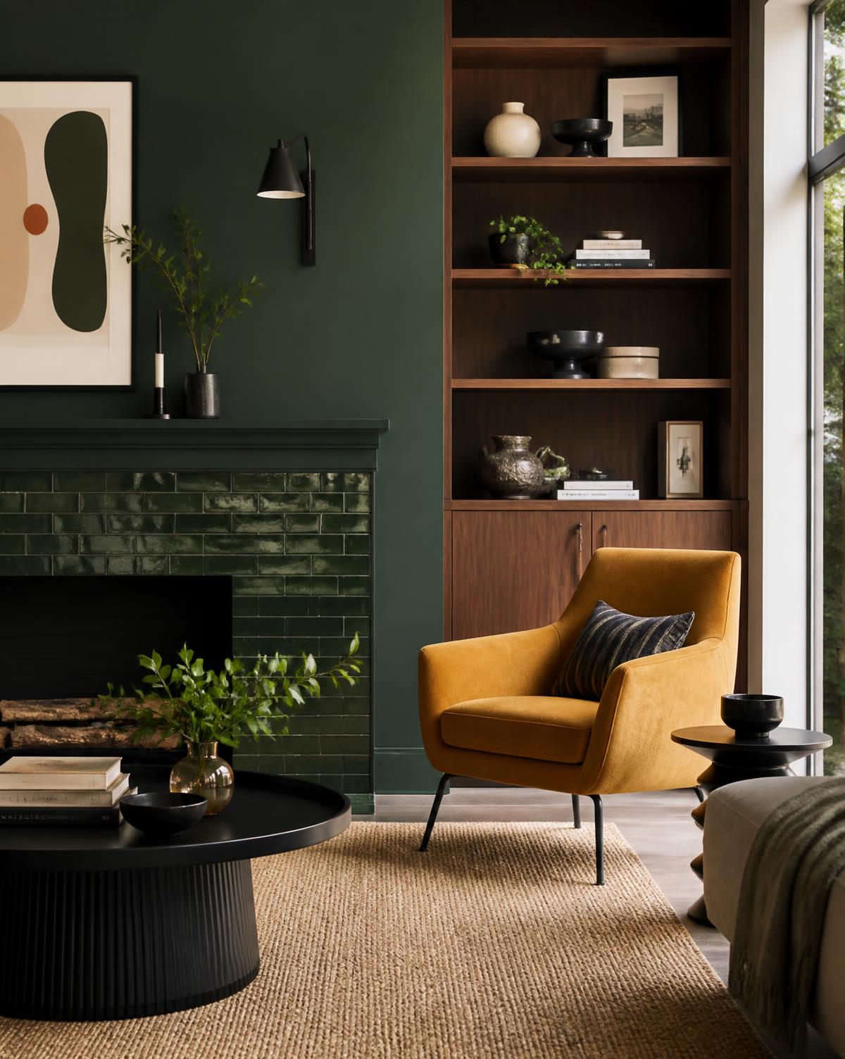 Color-block living room with deep green walls and ochre armchair
